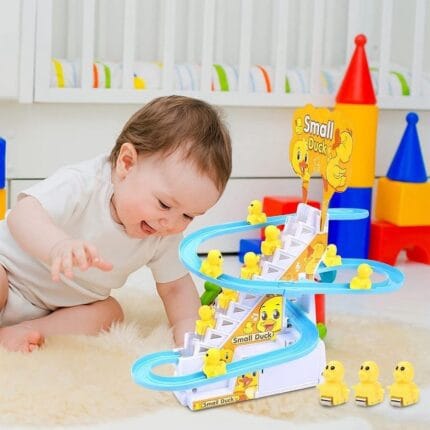 Duck Track Toys For 3+ Ages Kids, Funny Automatic Stair Climbing Ducklings Cartoon Race Track Set Little Lovely Duck Slide Toy Escalator Toy With Lights And Music, 3 Pcs Small Duck.